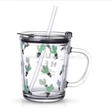 14 oz прозрачные толстостенные стеклянные кружки с ручкой, крышкой и силиконовой трубочкой