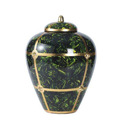 European Simple Style Green Abstract Painting Cylinder Ceramic Storage Vases Sets With Rould Lid For Study