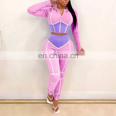 2020 Fall Fashion Woman Clothes Round Neck Crop Top High Waist Pants Two Piece Set photo-3