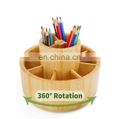 Bamboo Rotating Art Supply Desk Organizer,Pencil Holder Organizer, Desktop Storage Box