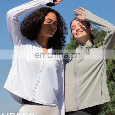 Custom Logo Outdoor Training Sportswear Hoodie Jacket Thumb Hole Sun Protection Clothing Yoga Gym Jacket For Women Workout Wear photo-5