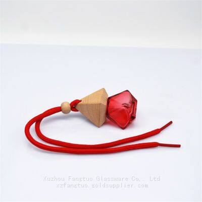 Diamond Shaped Red Glass Perfume Bottle With Wooden Lid and Tying Rope Glass Perfume Bottle Car Perfume Empty Bottle photo-3