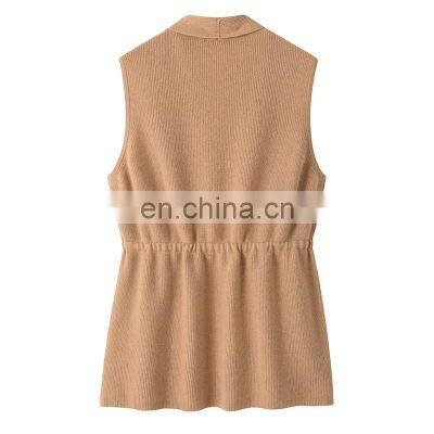 Elegant 100% Cashmere Cardigan Long Sleeveless Sweater Scarf Collar Slim Fit Waist Knitted Spring Season Solid Pattern Front photo-2