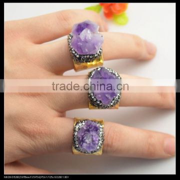 LFD-0016R ~Fashion Jewelry Gold Plated Nature Amethyst Quartz Rings, Crystal Rhinestone Paved Gems Druzy Ring Adjustable Size