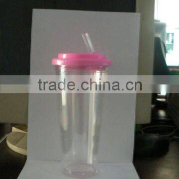 Promotional new design double wall plastic cup with straw lid