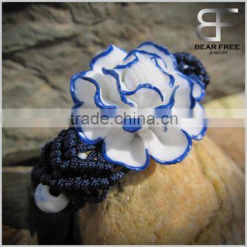 Unique Design Ethnic Ceramic Peony flower Braided Bracelet Blue color for Ladies