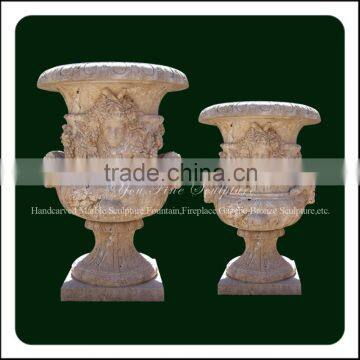 Hand Carved Natural Yellow Travertine Garden Flower Pot YFZYFP-(68)