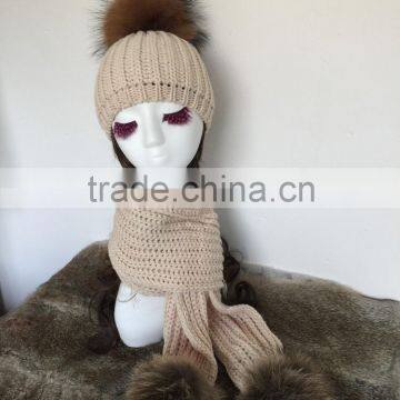 Audlt Wholesale Fancy Yarn Wool Knitting Hat And Scarf With Raccoon Pompom
