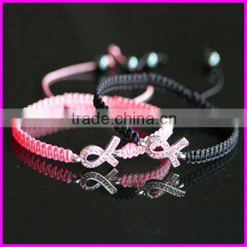 KJL-BD5159 Wholesale Handcrafted macrame bracelet ribbon breast cancer awareness sign bracelet