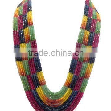 Natural multi sapphire faceted beads necklace, ruby, emerald