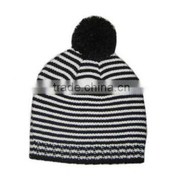 Black and white stripes jacquard promotional winter beanie with pom