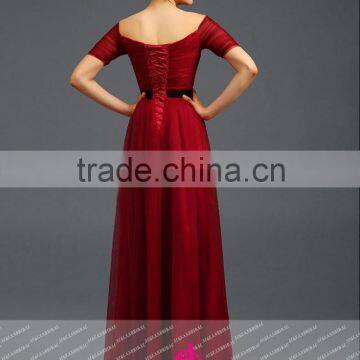 K141 V Neck Short Sleeve Chiffion A Line Red Prom Dresses photo-3