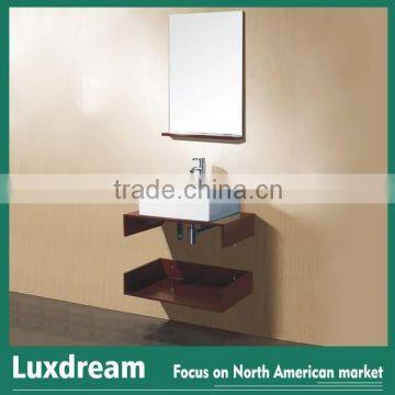 ceramic rectangular wash basin with wood shelf