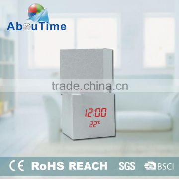 Modern cheap white cube wooden LED digital alarm clock for home decoration