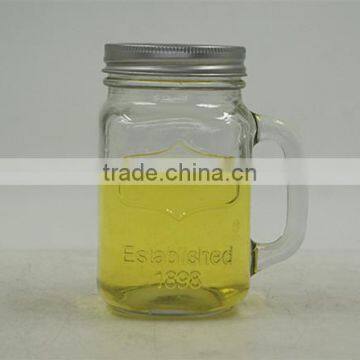 wholesale glass mason jar with handle and paper straw, metal lid 400ML