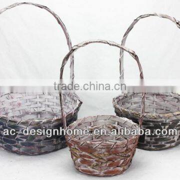 S/3 GREEN/BROWN WASH ROUND BAMBOO CHIP/SEAGRASS BASKET W/HANDLE