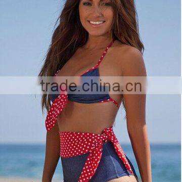 Red White Blue Polka Dot Denim Side Tie Bow Top High Waisted Bikini