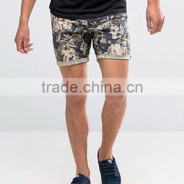2016 High Quality Latest Custom Side Slant Pockets Men's Flower Printing Slim Fit 100% Cotton Soft Touch Zip Fly Casual Shorts