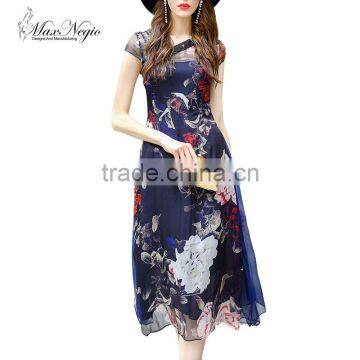 Maxnegio 2017 new arrival purple chiffon floral print maxi casual dresses with belt