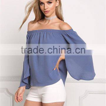 MGOO New Custom Designs Plain Blue Blouses Off Shoulder Long Sleeves Flare Opening Fashion Viscose Blouses