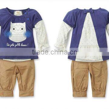 new 2015 fashion spring and Autumn long sleeve 2pcs owl cartoon clothing sets kids wears