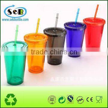 Double wall plastic mug with straw , tumbler with straw