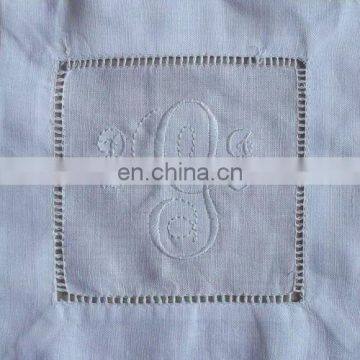 100% pure linen coaster with monogramming and hand ladder hemstitch