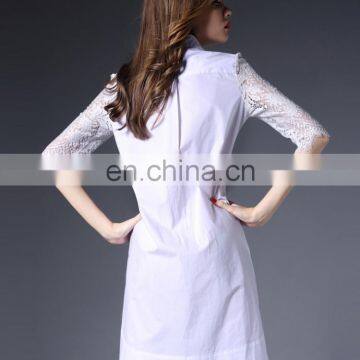 OEM/ODM Mini Order Fashion Women Scallop Lace Half Sleeves Summer Sexy Office Lady White Shirt Dress photo-3
