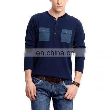 casual mens cotton dark blue t-shirts button neck Tee shirts with chest pockets fashion