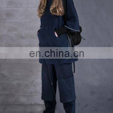 2017 Winter Women Loose Casual Drop Shoulder Indigo Blue Pullover Hoodie With Front Pocket photo-5