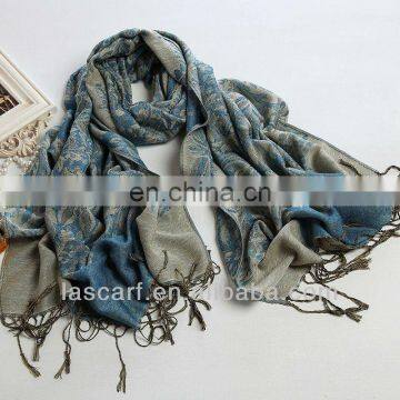 Jacquard weave print tassel blue green scarf shawl