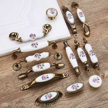 European-style Antique Copper Ceramic Handle Garden Horn Flower Wardrobe Door Drawer Drawer Cabinet Handle photo-3