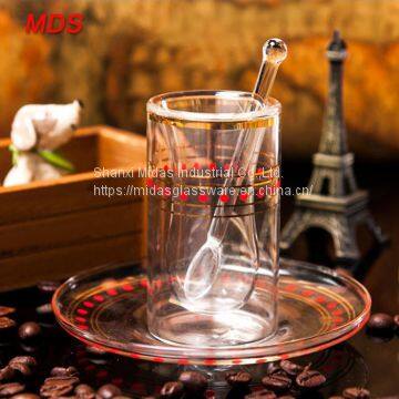 Borosilicate Cylinder Double Wall Turkish Glass Tea Cup With Plate and Spoon photo-4