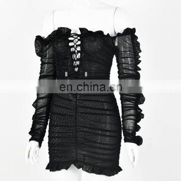 Hot Sale Fashion New Mesh Deep V Hollow-out Lace-up Yarn Flounced Long Sleeve Dress photo-2