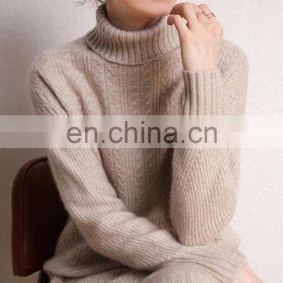 Women Cable Knit Cashmere Merino Wool Turtle Neck Long Sweater Dress photo-3