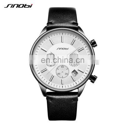 SINOBI 2021 Business Men's  Genuine Leather Band Hand Watch Three Small Sub-dials Chronograph Men's Watch S9797G montre homme