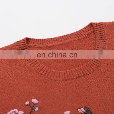 Women's 100% Cashmere Winter Pullover Old Age Custom Embroidered Floral Flowers O-Neck Casual Style Knit Sweater