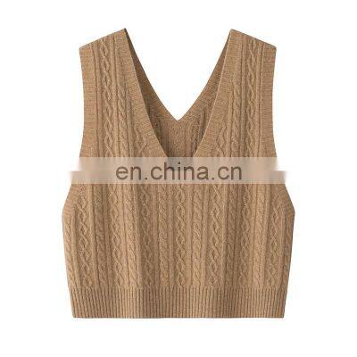 Casual Women's Knitted V-Neck Tank Tops Solid Color Cable Pattern Short Length Woolen Cashmere Embroidered Logo on Back Suits