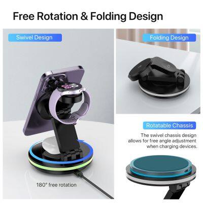 Rotatable Led Colourful Foldable 3-1 Mini Multifunction 3 In 1 Foldable Black Wireless Charger photo-5