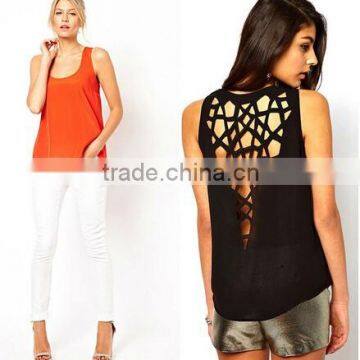 Instyles Women Blouse Ladies Sexy Back Hollow Out Casual Blouse Sleeveless O Neck Candy Orange Color Women Shir Clothing