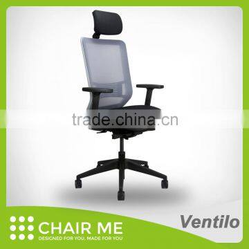 Ventilo office chair, gray mesh chair, adjustable headrest, gray bracket, adjustable seat, armrest, lumbar, nylon base