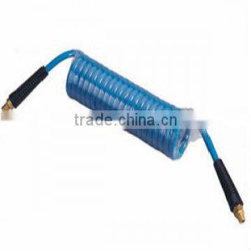 blue coiled air tube pneumatic hose with black sheath fitting