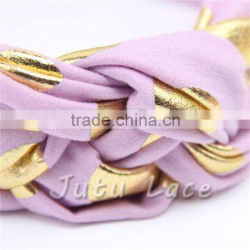 Cotton Fabric Golden Polka-dots Bow Headbands - Foil Gold Wide Elastic Knitted Headwraps photo-2