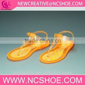 2015 high quality crystal jelly flat toe post ladies t-shape sandals