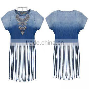 2016 High Fashion Latest Casual Short Sleeveless Sexy Tassel denim ladies jeans top design