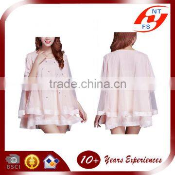 Factory price latest ladies and girls sequin and beaded loose plus size two layer blouses and tops short sleeve design