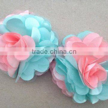 Double Color Chiffon Flowers With Mesh For Headband,Mesh Fabric Flower For Headband