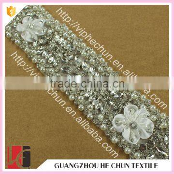 HC-0604-1 Hechun White Flower Embroidered Rhinestone Wedding Sash for Dress photo-2