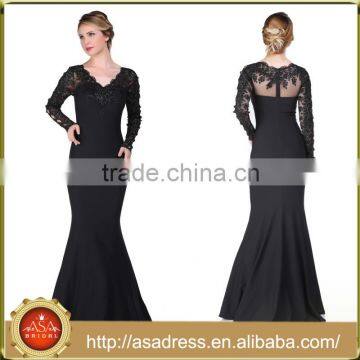 ABI-07 Sexy Long Sleeves Sequins Beaded Sheer Zipper Back V-neck Long Mother of the Bride Dress Custom made