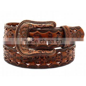 Fashion New Western Hollow Women Emboss Leather Belt Copper Tan